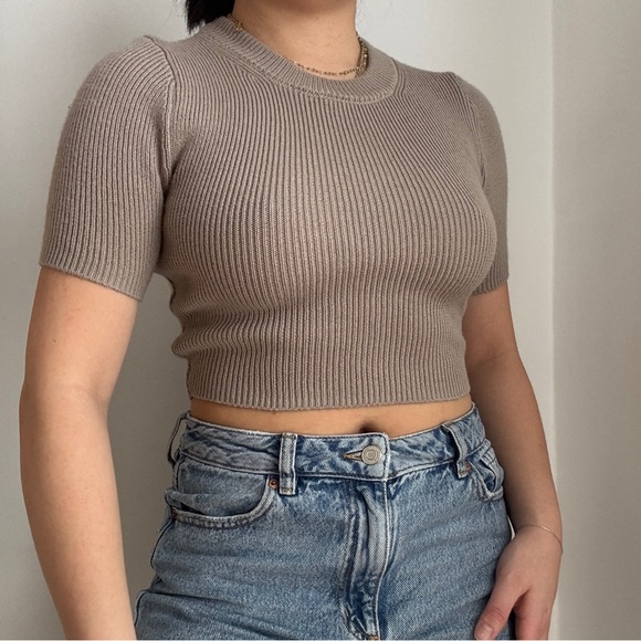 Zara Tops - Zara Taupe Ribbed Short Sleeve Crop Top